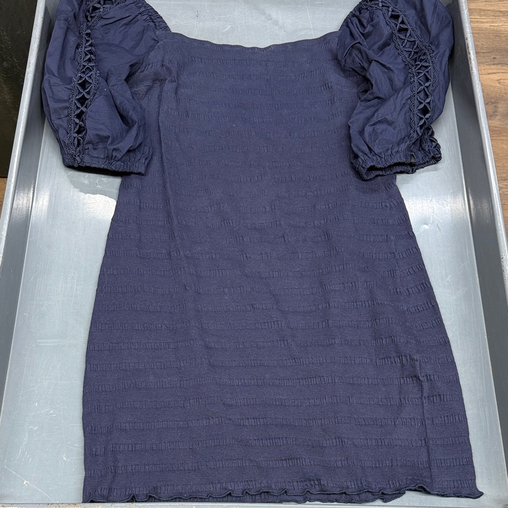 Navy Off-Shoulder Dress with Puff Sleeves